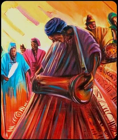 Colorful painting of a traditional celebration with a drummer and gathered people